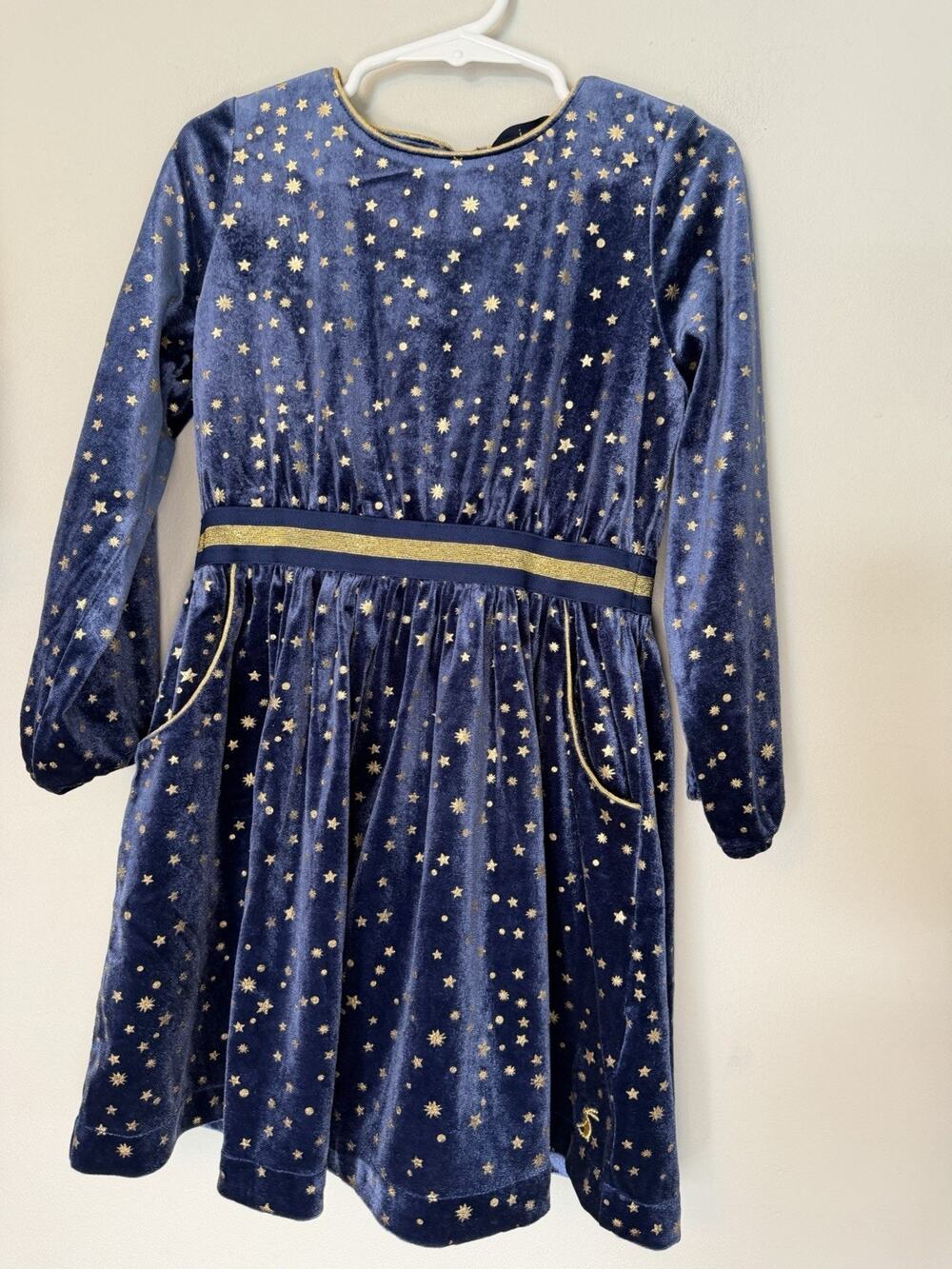 Joules Velvet Long Sleeve Navy Dress with Gold Stars Pockets Girls 5 NEW NWOT